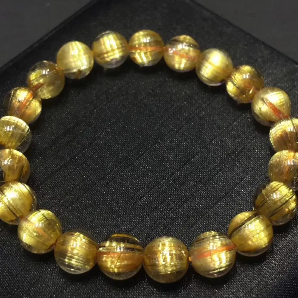 Natural Titanium Gold Rutilated Quartz Crystal Stretch Round Beads Gemstone Bracelet
