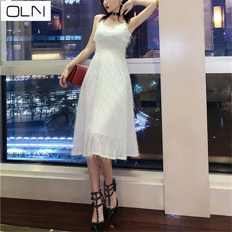 Vestidos платье OLN новый корейский темперамент длинный отрезок с коротким рукавом Талия Тонкий Простой пакет бедра платье женское