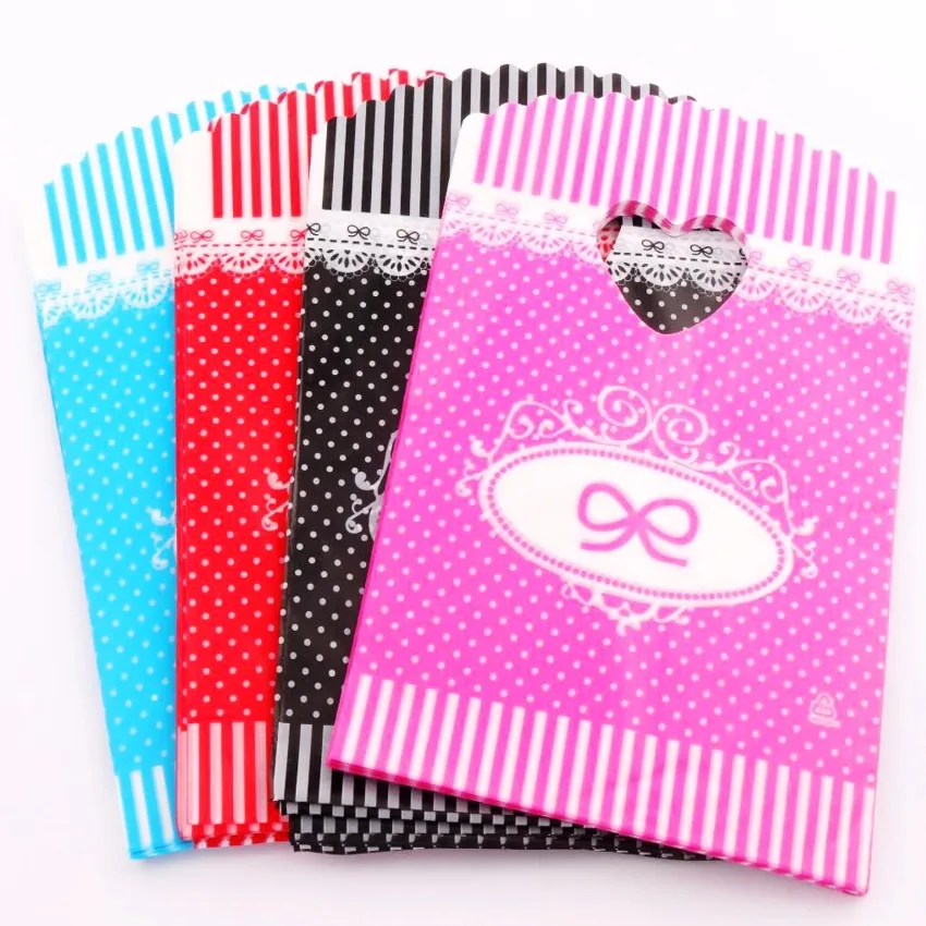 

100pcs Hot sell 4Colors Bow Dots Strips Plastic Bags Gift Bag 13x20cm Jewelry Pouches GB074
