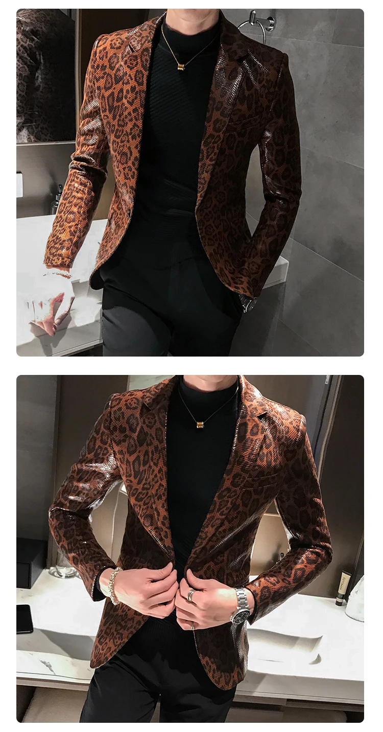 Autumn Leopard Print Mens Blazer Skin Suit Jacket Leather Stage Costumes For Singers Loose Coat Blaser Homens Terno Masculino