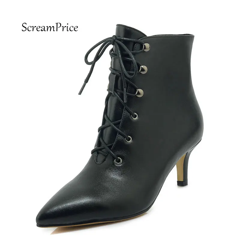 Female Genuine Leather Thin Heel Lace Up Ankle Boots Fashion Zipper Pointed Toe Women Fall Winter Bootie Black Beige цена Female Genuine Leather Thin Heel Lace Up Ankle Boots Fashion Zipper Pointed Toe Women Fall Winter Bootie Black Beige цены онлайн