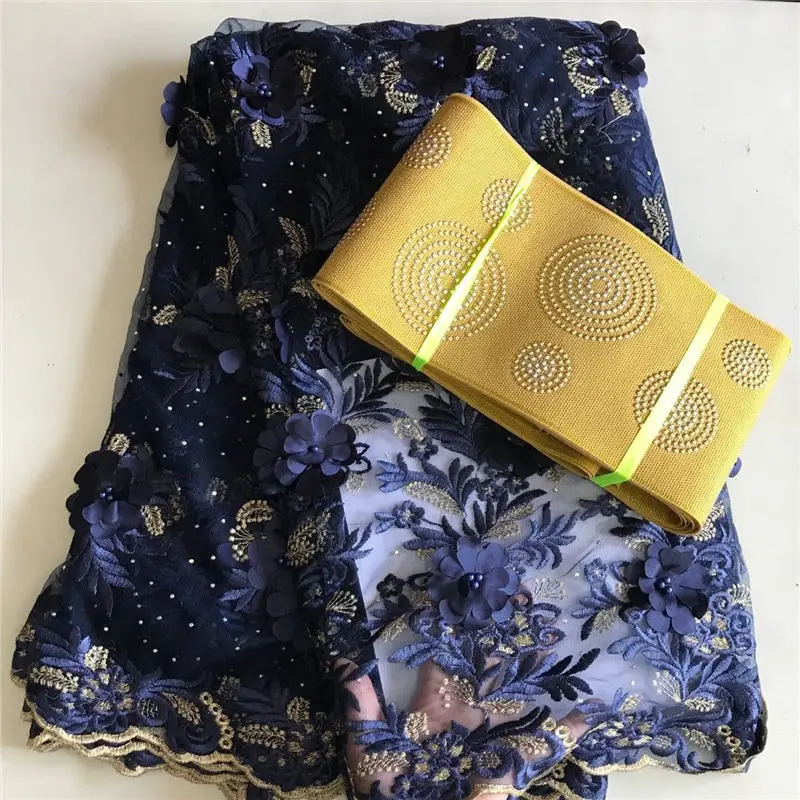 

high quality navy color african french net lace matching aso oke headtie tulle net lace in french wedding fabric 30