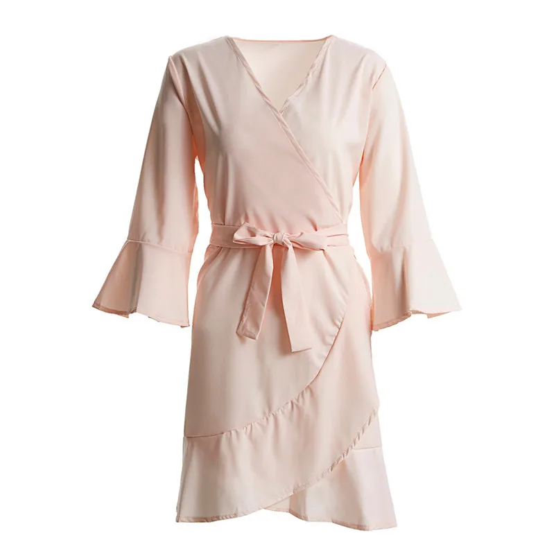 Fashion dress women Autumn Winter 2018 Ladies elegant Long Slevel V Neck Lace Up Mini Dress Party Boho Dress vestido O04#N (2)