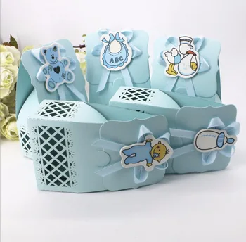 

12pcs Laser cut Bib milk bottle bear DIY Christening Baby Shower Party Favor Boxes Paper Gift Candy Box blue color