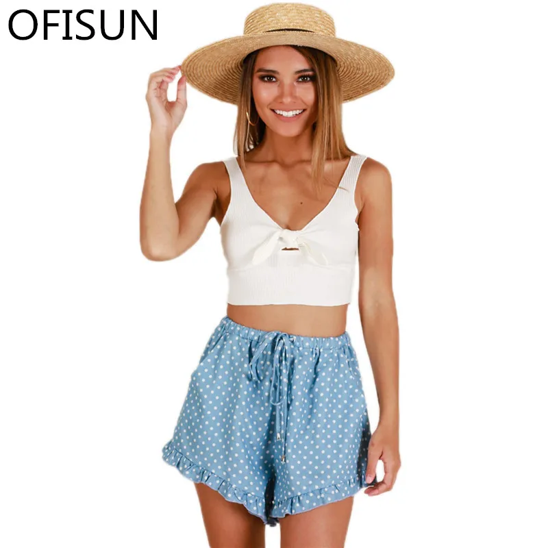 

Oufisun 2019 Summer New Dot Short Pants High Waist Drawstring Womens Shorts Fashion Holiday Casual Straight Shorts Femme