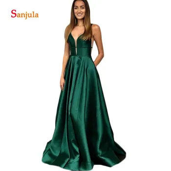 

Dark Green Satin A-Line Prom Dresses Sweetheart Tank Simple Long Prom Gowns with Pockets Backless Graduation Gowns D603