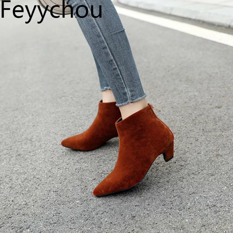 

Women Boots Autumn Winter Med Heel Warm Microfiber Pointed Toe Zip Ankle Martin Boots 2018 New Sexy Fashion Casual Big Size34-46