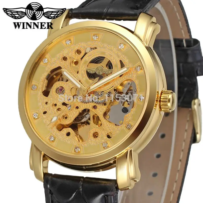 

WRG8078M3G4  new arrival  free shipping winner Automatic gold  skeleton watch black leather band wristwatchfor  men  brand
