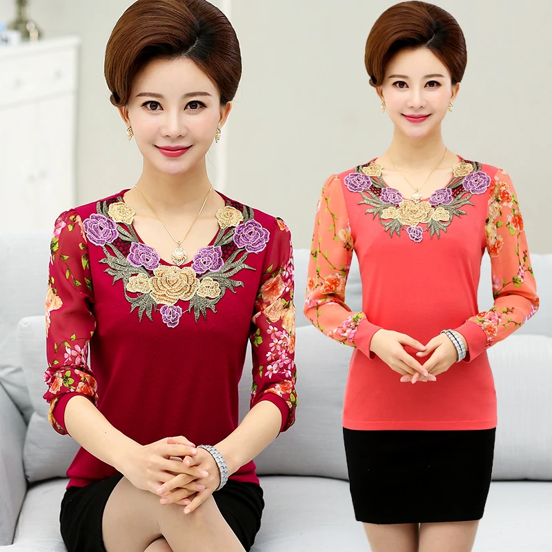 

Promotion New Middle-Aged Women Chiffon Blouse Shirt Embroidery Printing Fashion Top W56