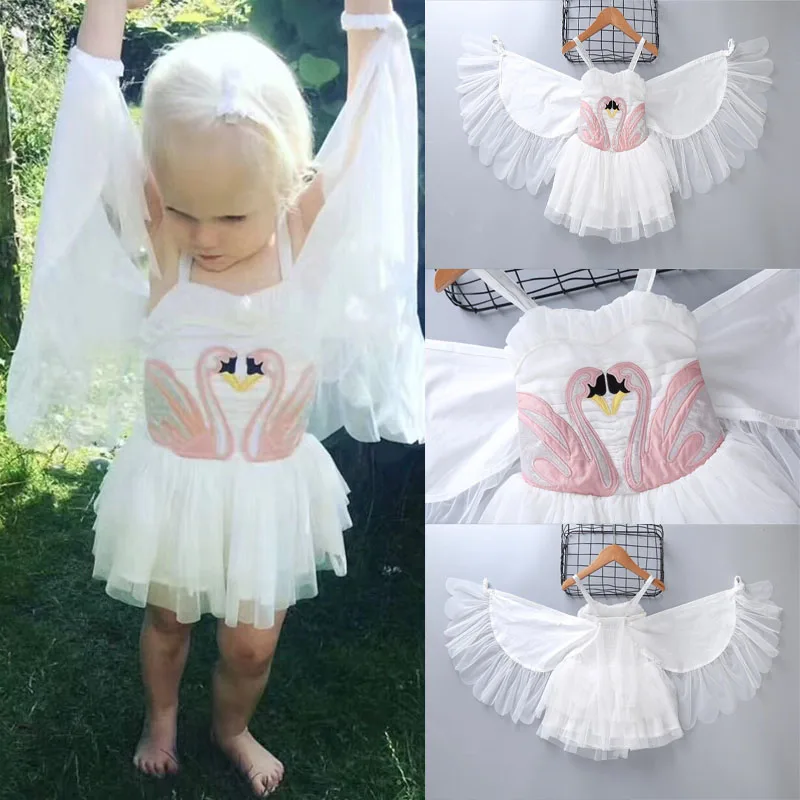 

Summer Dress For Girls Embroidery Flamingo Children Elegant Vest Dress Removable Swan Wings Kids Stage Show Tutu Mini Dresses