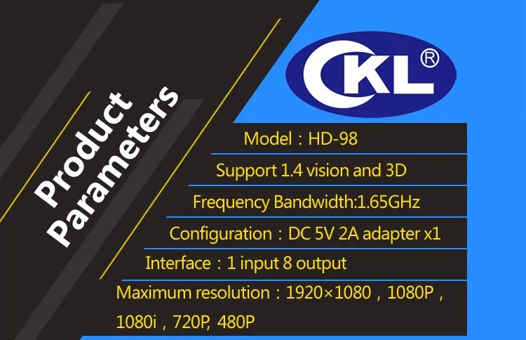 CKL HD-98 высокого качества 1*8 8 порт HDMI сплиттер поддержка 1,4 в 3D 1080 P для ПК монитор HDTV