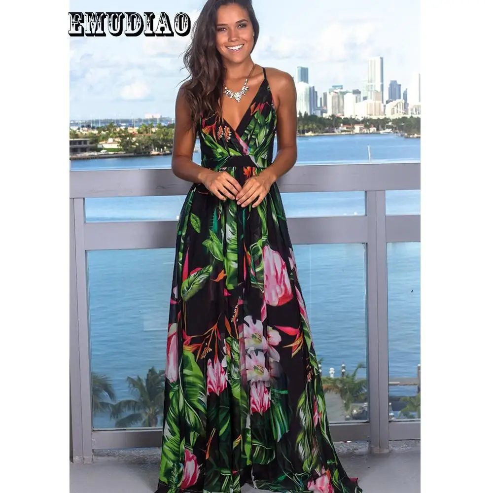 

New Women's Fashion Long Dress Spring & Summer Spaghetti Strap V-neck Sleeveless Backless Printed Beach Dresses