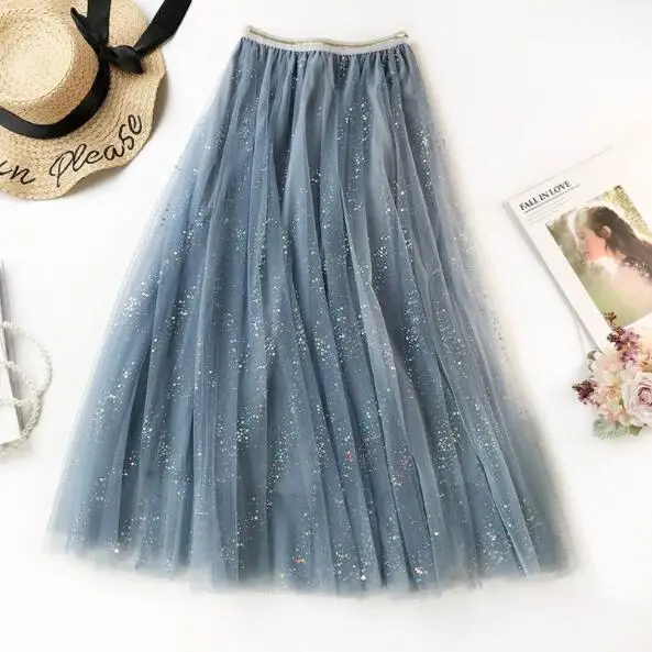 

2020 Summer Stars Floral Embroidery Tulle Skirts High waist Long skirt High Waist Pleated skirt Female Tutu Skirts DV568