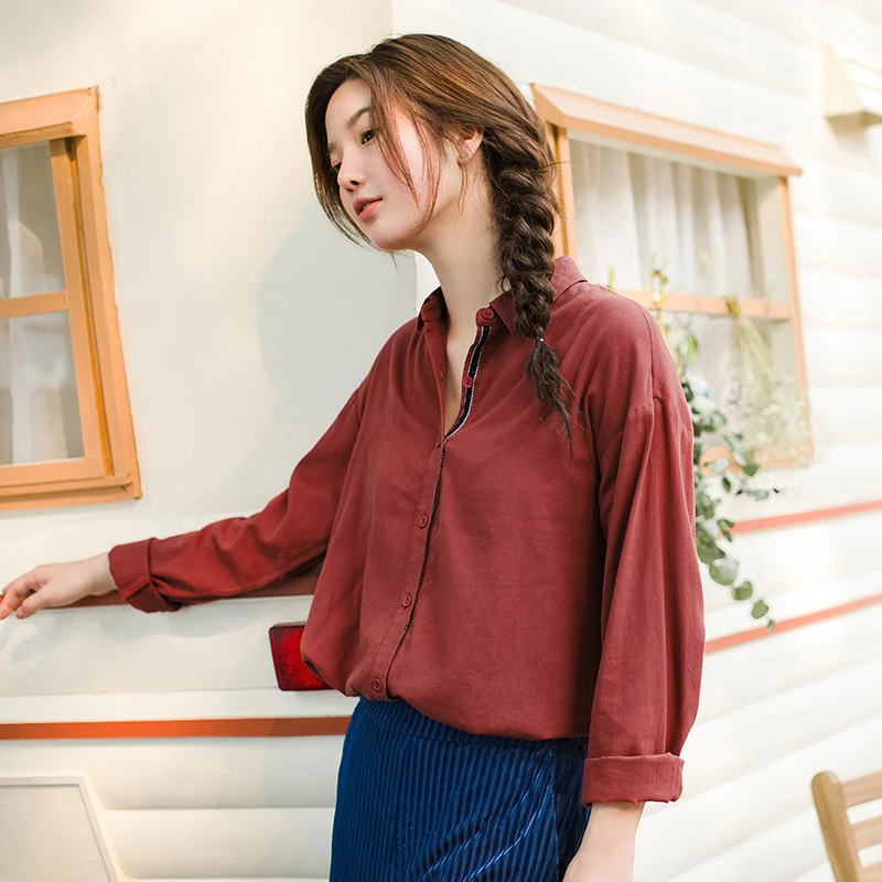 

INMAN 2019 Spring Autumn New Arrival Solid Color Turn Down Collar Back Long Front Short All Matched Women Blouse