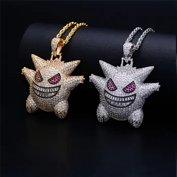 

LuReen Cubic Zircon Mask Gengar Pendant Necklace&Hiphop Pokemon Necklace Men's Gold Silver Color 24inch Rope Chain Jewelry Gfit