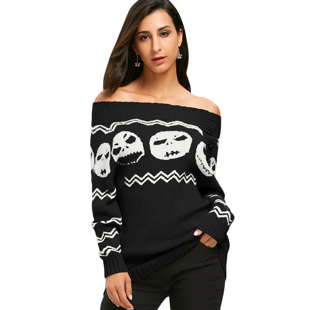 Retro Happy Halloween Sweaters Skull Off The Shoulder Tunic Sweater