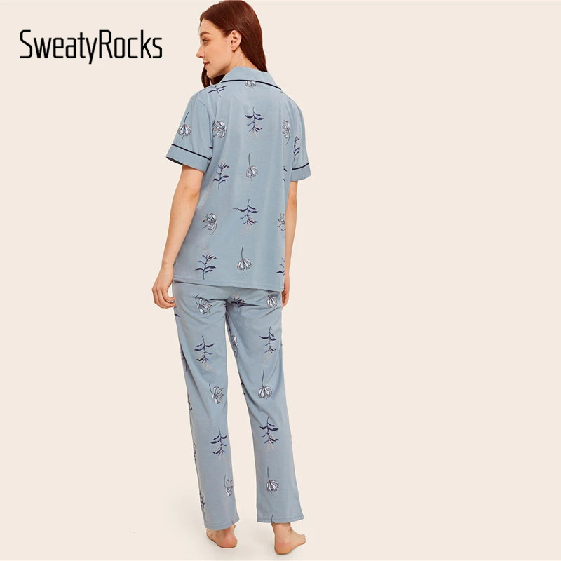 Синий пижамный комплект на пуговицах с цветочным принтом SweatyRocks, топ с воротником и длинные штаны, одежда для сна, пижамы для женщин, повседневная одежда для сна