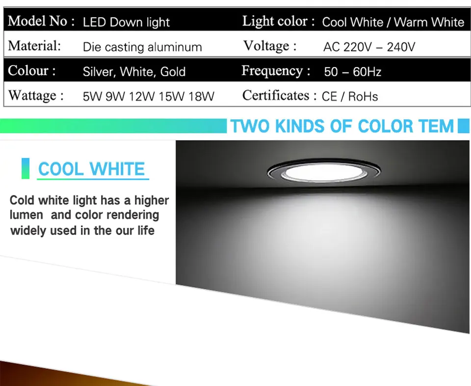 LED Downlight Ceiling 5W 9W 12W 15W 18W led Round Recessed Ceiling lamp AC 220V 230V 240V New type Bulb Bedroom