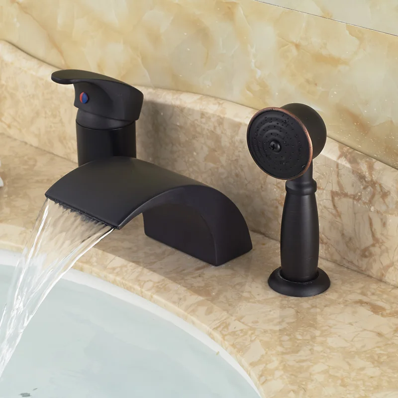 

Modern Deck Mount waterfall Spout Bathroom Bathtub Faucet Single Handle Widespread Mixer Taps Oil Rubbed Bronze
