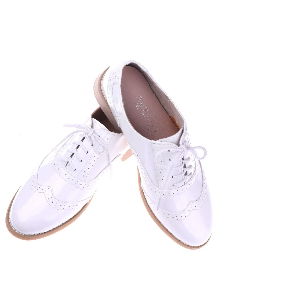 Брендовые женские туфли-оксфорды из натуральной кожи; Классические однотонные туфли для женщин; новые качественные кожаные туфли на плоской подошве; scarpe donna; размеры 32-45 - Цвет: White patent leather