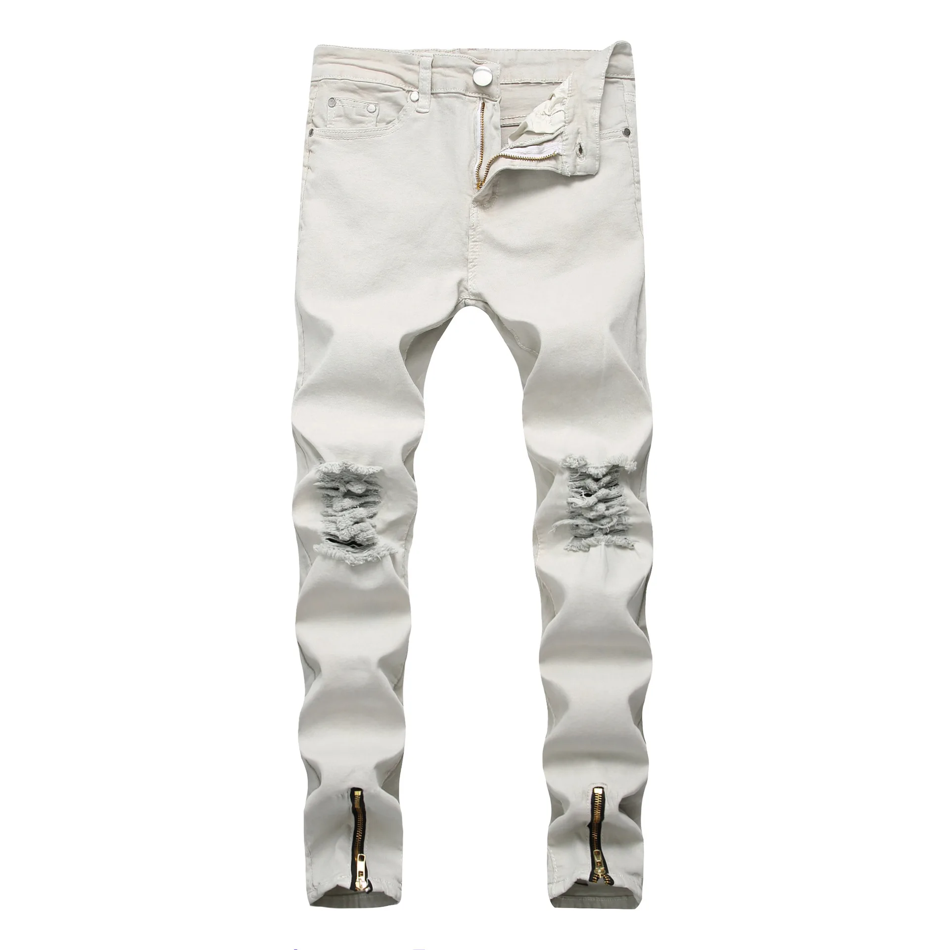Men's Distressed Ankle Zipper Jeans High Street Skinny Knee Hole Ruched