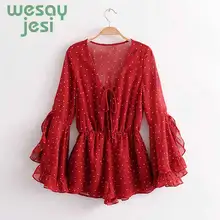 Women Red Bohemian Playsuit Dot Printed Rompers Long Flare Sleeve Jumpsuit Elegant Ruffles Sleeve Chiffon Playsuit Women Red Bohemian Playsuit Dot Printed Rompers Long Flare Sleeve Jumpsuit Elegant Ruffles Sleeve Chiffon Playsuit