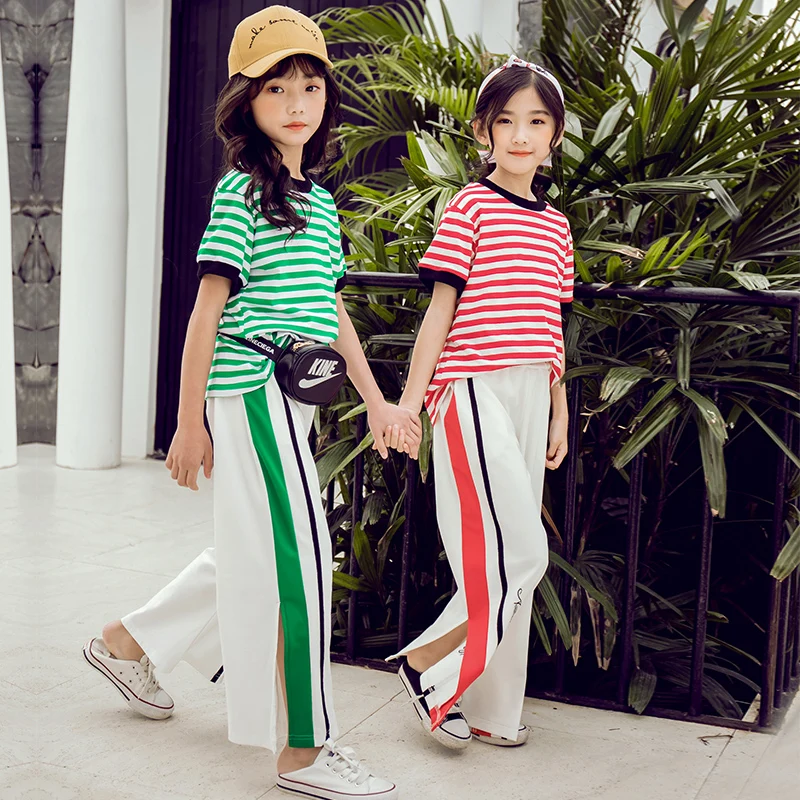 

Children Clothes 2019 Kids Girls Boutique Outfits Striped Shirt + Wide Leg Pants 2pcs Teenage Girls Sets Clothing Child Suit 12