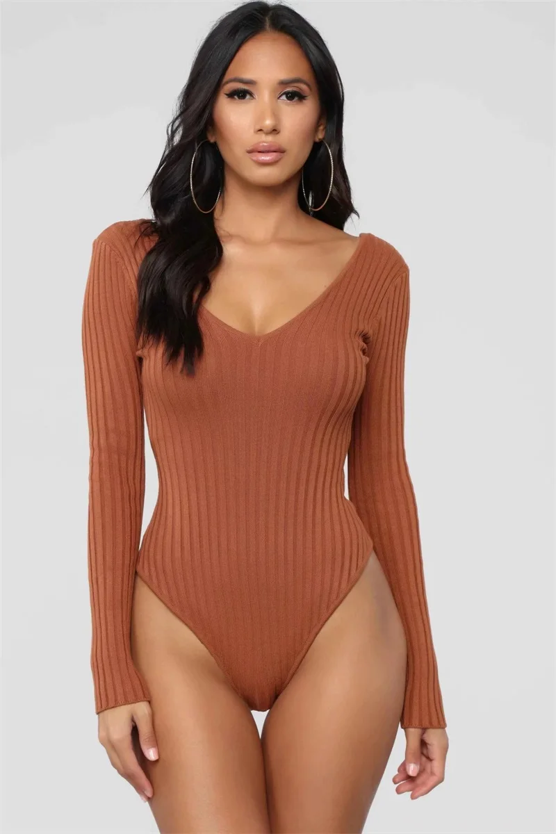 bodysuit women Women Double V Neck Ribbed Knit Bodysuit with Long Sleeve shapewear bodysuit