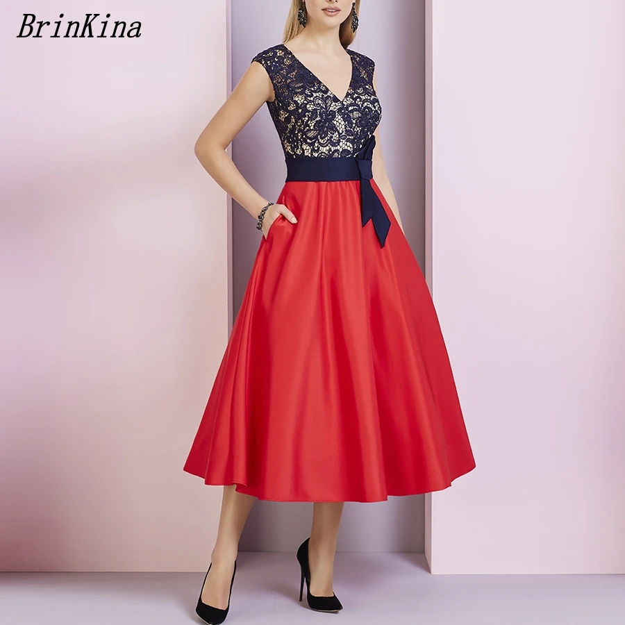 

2019 Latest V Neck Sleeveless Wedding Guest Dress Puffy Patchwork Red Tea Length Lace Evening Dress Party Gown with Pockets