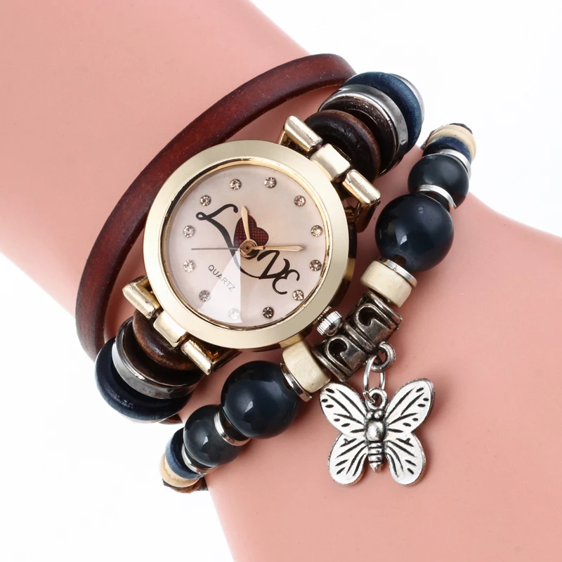 

Gnova Platinum Pu Genuine Leather Women Watch Love Butterfly Triple Bracelet Fashion Quartz Wristwatch Reloj Para Dama