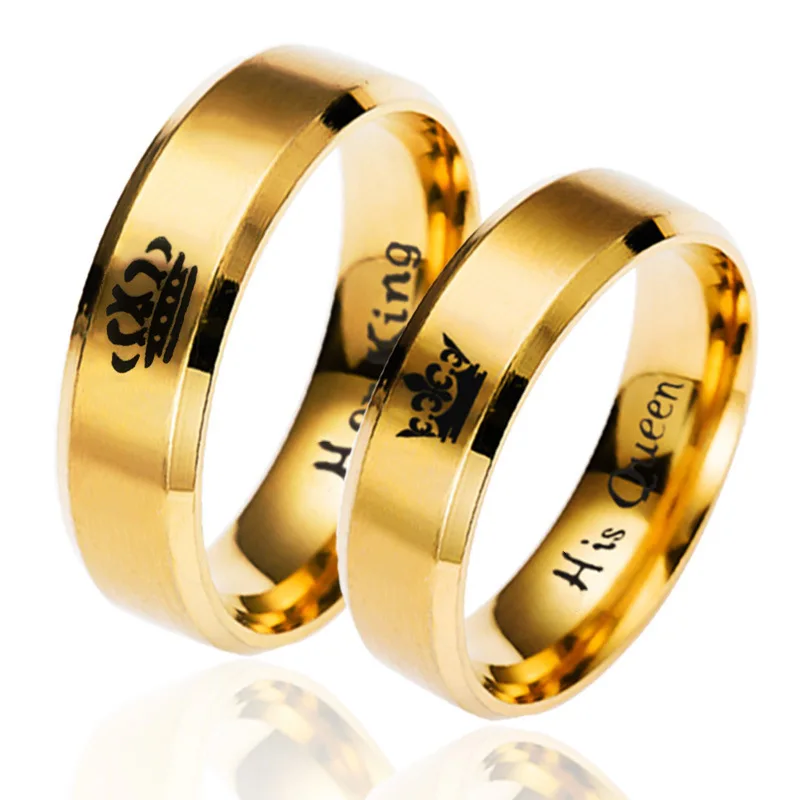 Золотого цвета король и королева, нержавеющая сталь, корона, пара колец, золотые кольца для пар, влюбленных, любовь, обещания, кольца для мужчин и женщин