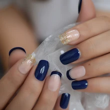 Глянцевая синяя французская смесь ногтей Блеск средний натуральный нажмите на ногти Предварительно Разработанный акриловый маникюр Советы с Gluetabs