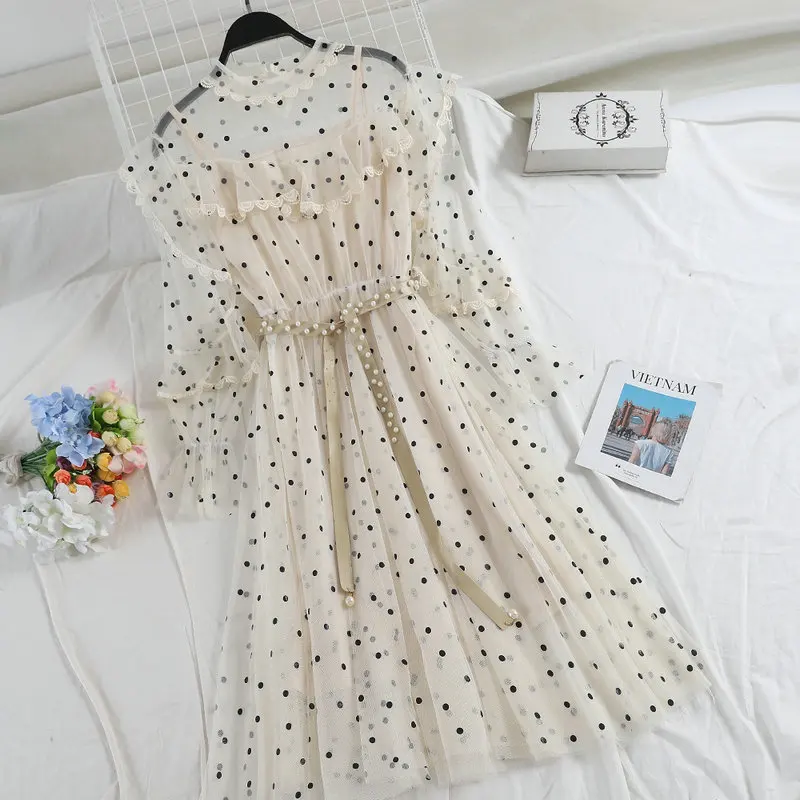 Women Dress Женское весеннее Плиссированное Тюлевое платье с расклешенными рукавами, повседневное приталенное платье с жемчужинами и бусинами, кружевное платье в горошек, Сетчатое платье с вуалью и оборками - Цвет: Women Dress