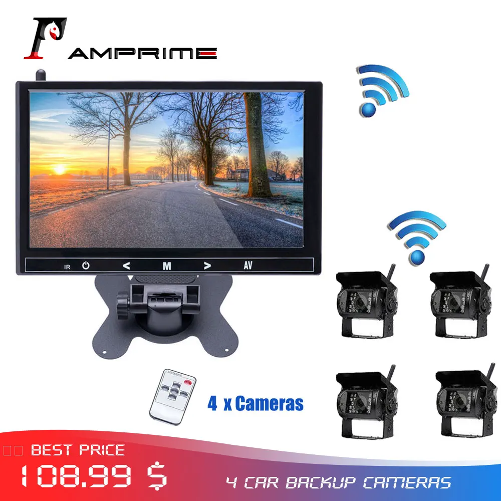 

AMPrime Wireless 4 Car Backup Cameras Waterproof 18 IR Night Vision + 9'' HD Monitor Rear View Monitor for Truck /Trailer/RV/Bus