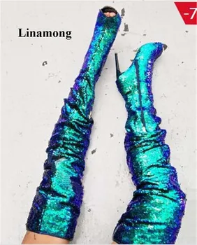 

2018 Fashion Bling Bling Attract Attention Spring Autumn Boots Long Tube Over the Knee Thin High Heels Peep Toe Women Boots