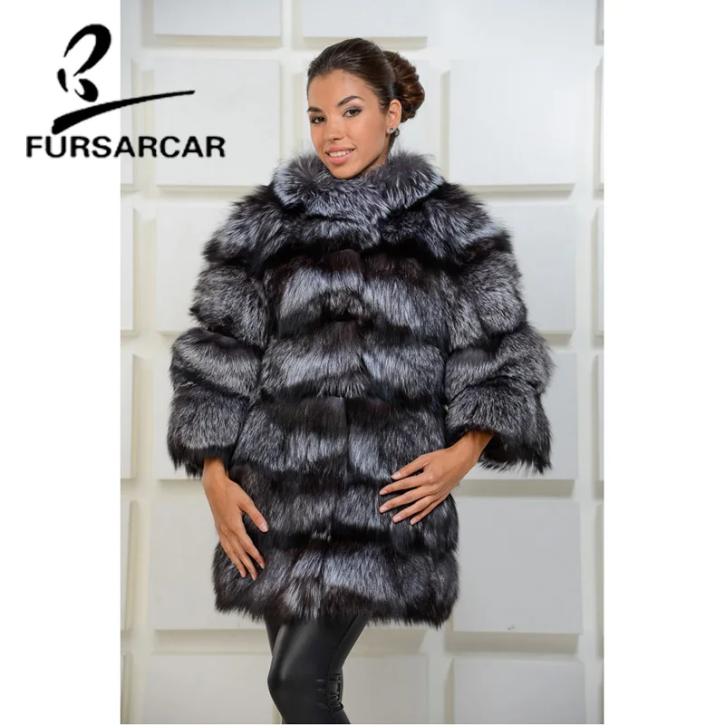 FURSARCAR зима Настоящее Silver пальто с мехом лисы для Для женщин 70 см длинные Silver Fox Меховая куртка толстые теплые лиса пальто с меховой воротник