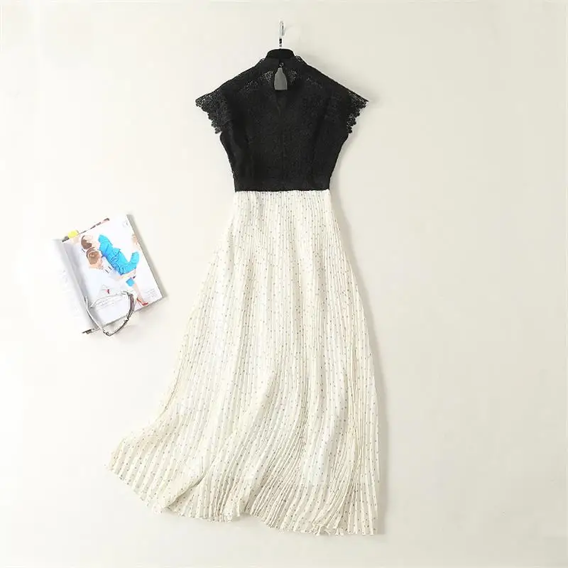 Для женщин взлетно-посадочной Dress2019 Высокое качество Стенд воротник короткий рукав кружевная вставка плиссированный Повседневное платья Элегантное платье NP0272A