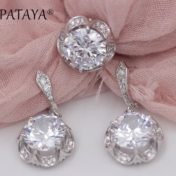 

PATAYA Round Flowers Jewelry Sets True White Gold Mystic Natural Zircon Ring Earrings Set Wedding Accessories Dubai Jewelry Sets
