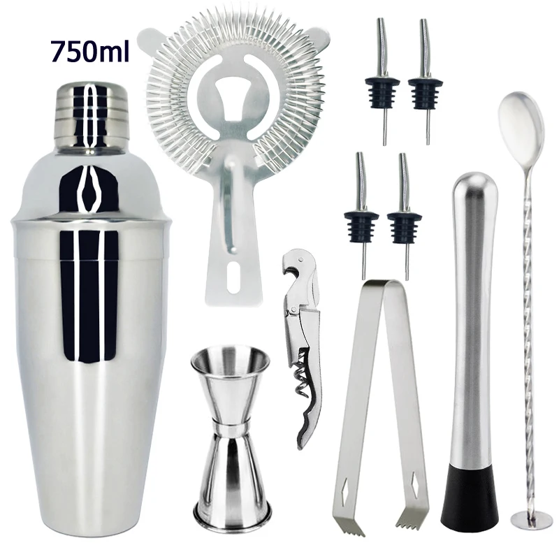 11Pcs 750ml 12 шт., 750 мл/550 мл, шейкер для коктейлей, набор, ложка для смешивания, ложка для льда, разбитая палочка, ситечко, Тонг, барная посуда, инструменты, деревянная подставка для хранения - Цвет: 11Pcs 750ml