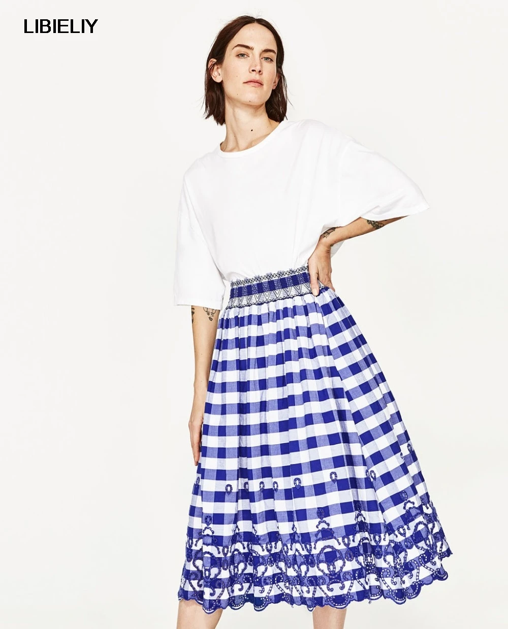 Señora Grande Y Hight Mitad Cintura Verano Tela Nueva Americanos Hem Falda Faldas La De Niza Casual Pantorrilla Estilo Escocesa Mujeres Europeos Bordado Las xpqnwHfTdx