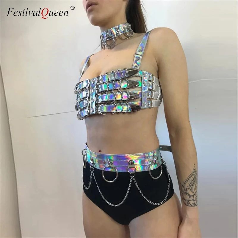 FestivalQueen сексуальная блестящая Лазерная PU укороченная майка с металлической цепочкой Мини Юбки наборы для женщин голографическая открытая спина ночной клуб комплект из 2 предметов