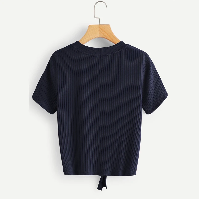 SweatyRocks неоновая цветная футболка с узлом спереди, стильная модная эластичная футболка, летняя повседневная женская желтая футболка и топы