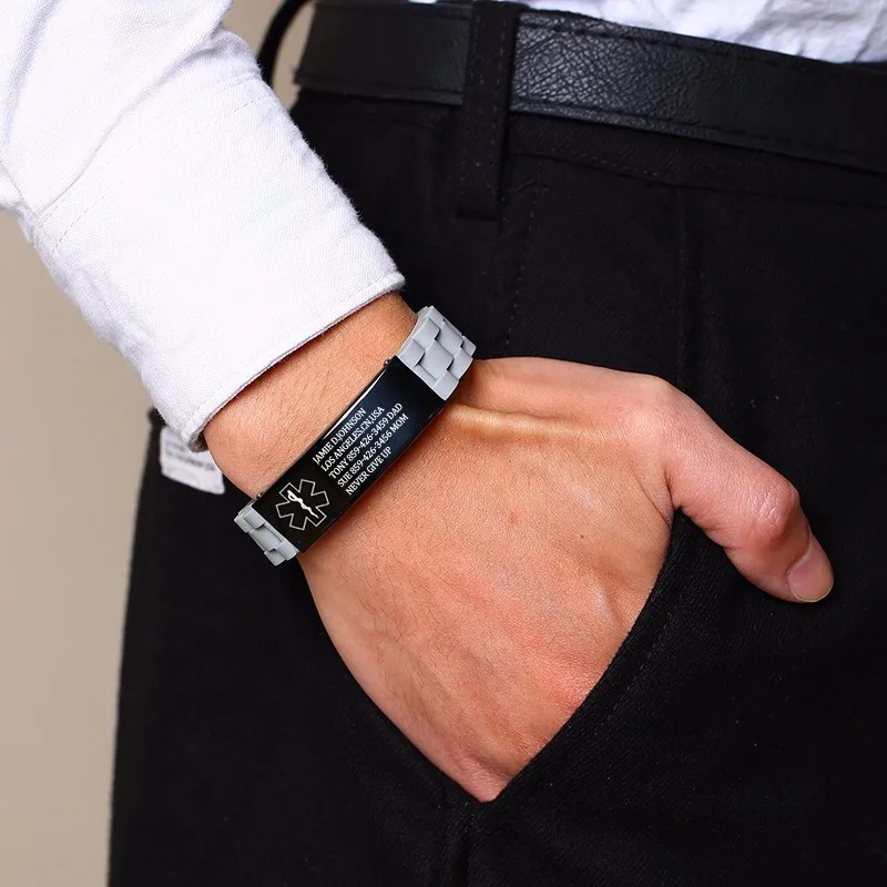 Персонализированные пользовательские регулируемый серый силиконовый Медицинский ID браслет для мужчин бегунов спортивные ID браслет