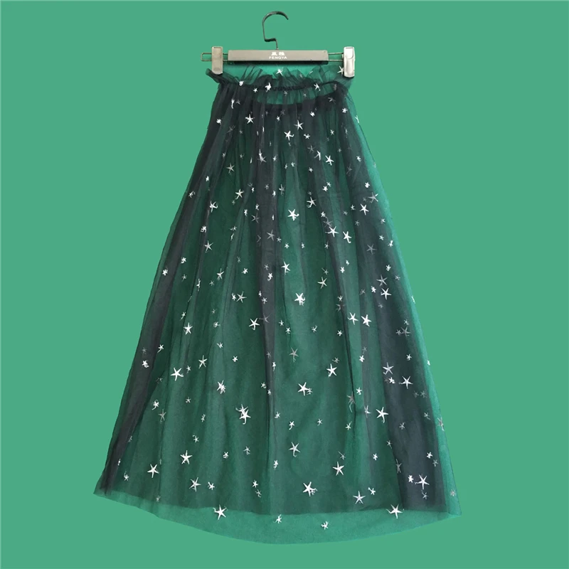 Women Summer Star Embroidery Print Mesh Long Skirt Ladies