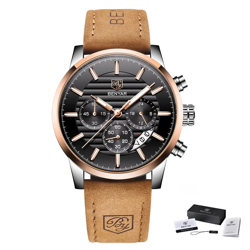 Reloj Hombre BENYAR модные мужские часы брендовые Роскошные бизнес-часы с хронографом спортивные Кварцевые водонепроницаемые часы Relogio Masculino - Цвет: L brown gold black B