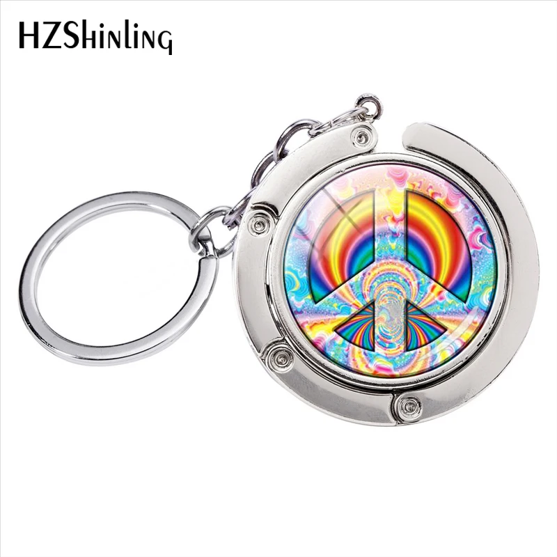 

Fashion Hippies Peace and Love Sign Glass Cabochon Photos Bag Holder Keychain Hand Craft Accessories