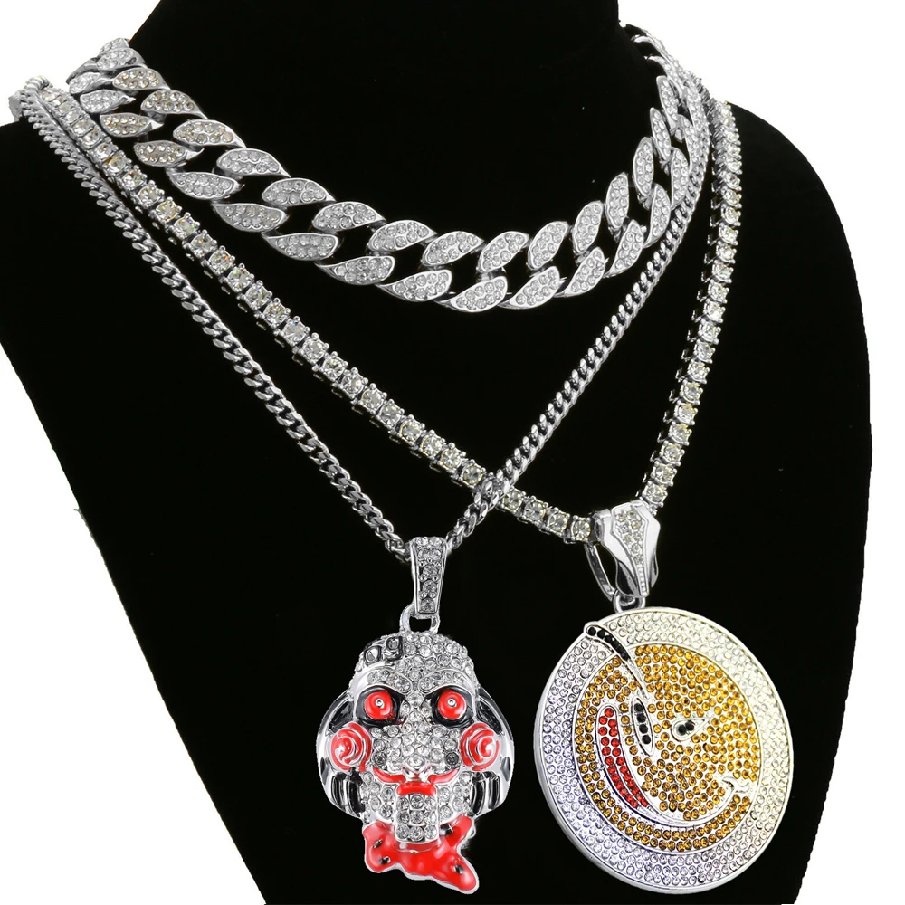 

18" Full Iced Out Rhinestone Miami Cuban Chain & Round Pendant Tennis Chain & Horror 69 Mask Emoji Necklace Hip Hop Jewelry Gift