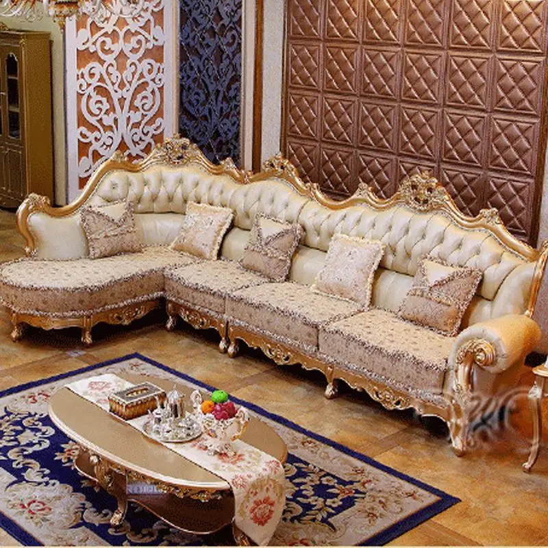 Luxury Champagne Leather Corner Sofa wood carving upscale