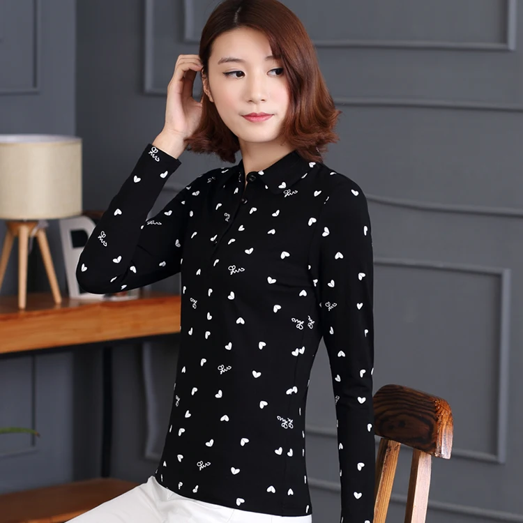 

Baharcelin 4XL Big size Autumn Winter Long Sleeve Polo Shirt Tops Tees women Gril Turn-down Collar Casual Printed Heart Tops