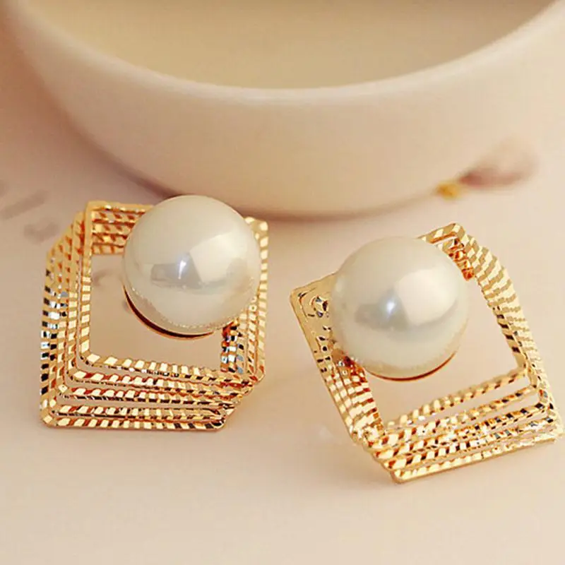 

Layers Hollow Golden Silver Square Big Simulated Pearl Stud Earrings for Women piercing Jewelry